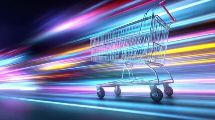 Shopping cart hurtles along a luminous path leaving streaks of color in its wake - Powered by Adobe