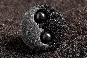 Yin-yang symbol carved into a dark stone, resting on dark sand