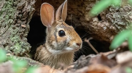 Fototapeta premium Rabbit peeking from burrow in tree trunk