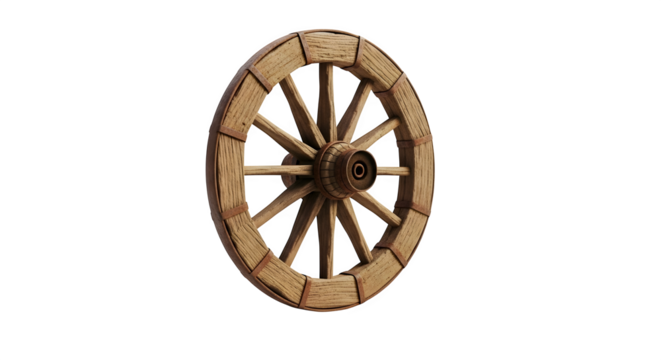 Antique wooden wagon wheel with rustic charm, isolated on transparent background, evoking vintage western transportation and historical farm life