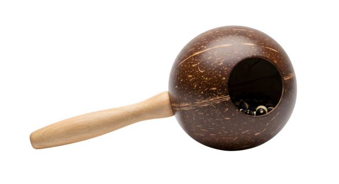 Coconut maraca musical instrument with wooden handle isolated on transparent background for creating rhythm and sound in latin american music