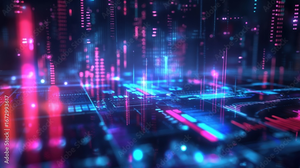Poster a computer screen with a blue background and red and purple lines