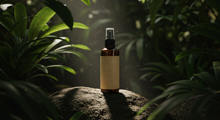 Natural Essence Bottle Amidst Lush Green Foliage.
