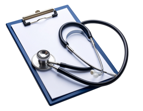 Realistic Stethoscope with Clipboard, Pen, and Notebook, Front View, Isolated PNG