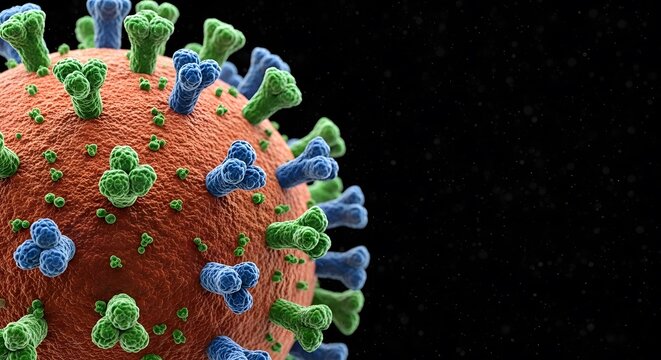 A detailed 3D rendering of a coronavirus particle with prominent spike proteins on a black background.