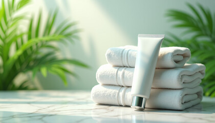 Skincare product with towels and plants 1.