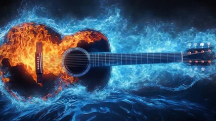 Acoustic guitar engulfed in fiery flames and icy blue energy, against a dark background