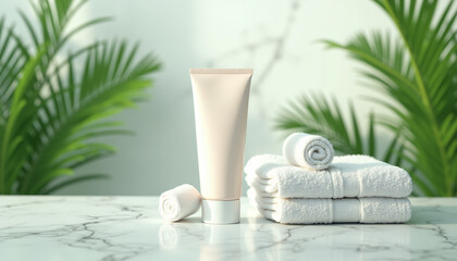 Skincare Product with Towels and Plants.