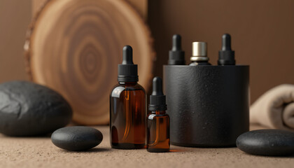 Spa and Wellness Essentials Amber Bottles Hot Stones and Towel.