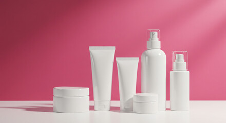 White Cosmetic Products Collection on Pink Background.