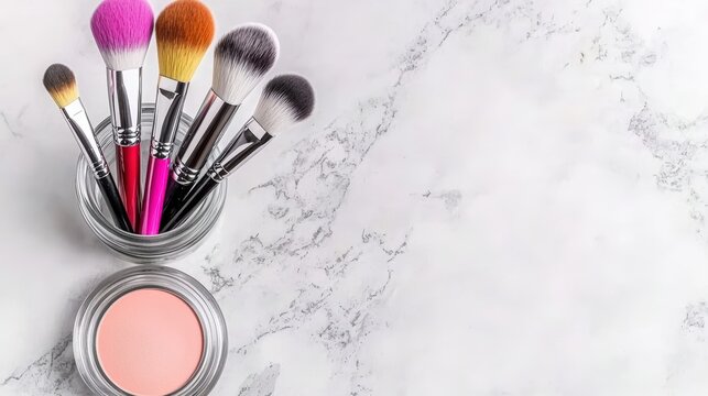 A colorful set of makeup brushes in a glass jar on a marble countertop, balanced composition with ample copy space for text, advertising background