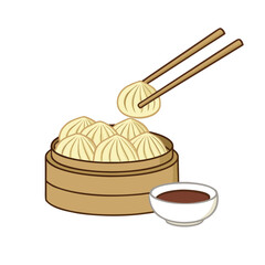 Dumplings in bamboo steamer with dipping sauce and chopsticks vector