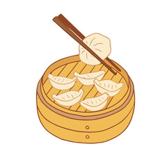 Steaming dumplings bamboo basket chopsticks vector illustration food