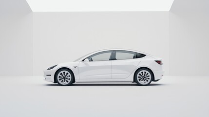 A modern electric car parked in a studio with dramatic lighting, balanced composition with ample copy space for text, advertising background