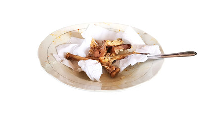 Dirty plate with leftover food, chicken bones, and used tissue captured in a realistic photo. Perfect for waste awareness designs, kitchen scenes, or food-related editorial content