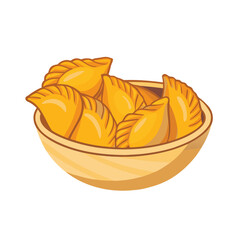 Golden pastries in a wooden bowl pastry food