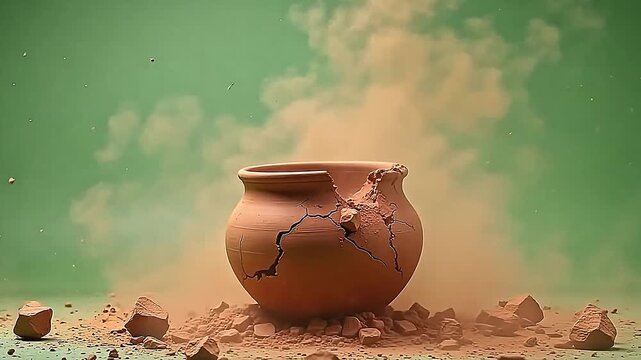 The broken clay vessel explodes clay fragment dust dramatically, dust clouds drifting gently on a consistent green background for seamless compositing.