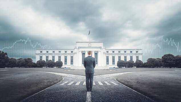 Economic Policy Decisions Business Man Standing Before Federal Reserve Building Facing Financial Charts Representing Market Volatility