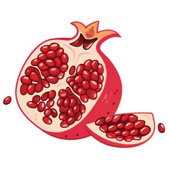 Ripe red pomegranate seeds and fruit slices juicy