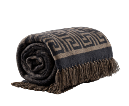 Rolled dark gray and brown patterned throw blanket with fringe