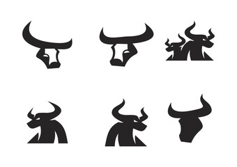 Set of Black Bull Head Logo Designs with Aggressive and Stylized Animal Icons