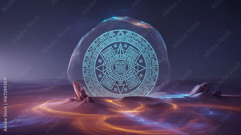 Poster glowing stone circle with intricate pattern sits on a surreal landscape