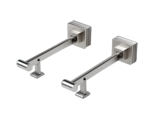 Two brushed metal wall-mounted, adjustable display arms