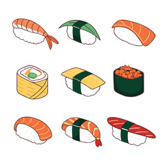 Assorted delicious sushi pieces with shrimp salmon and roe rice