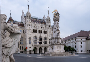 Budapest, Hungary – View of the Castle District with the Statue of Athena in the forefront and...