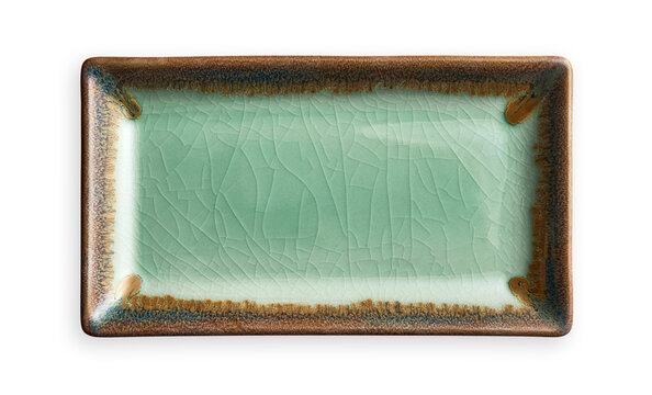 Empty rectangular plate, Green ceramics plate in cracked pattern, View from above isolated on white background with clipping path