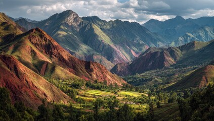 Dramatic mountain range panorama, showcasing layered rock formations. Lush valleys below