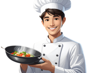  Male Chef Character in Uniform Holding Frying Pan, Realistic Cartoon Style, Isolated PNG