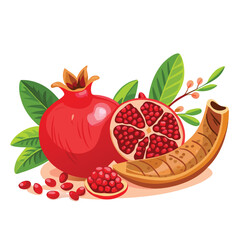 Fresh red pomegranate fruit with green leaves and seeds vector