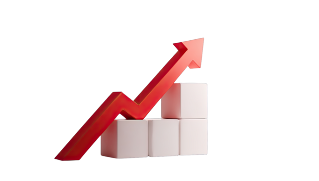 Red upward trend graph over stacked white cubes