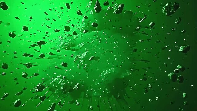 Explode pixel glitch screen fragments ripple across the display, pixelated bits breaking apart over a steady green background for precise compositing and visual layering.