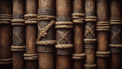 Dark brown wooden posts bound with rope and metal bands
