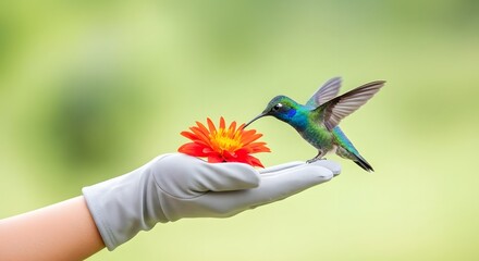 A vibrant hummingbird delicately feeds from a bright orange flower held in a gloved hand.