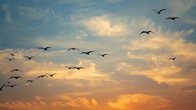 Flock in Motion, Birds Silhouetted Against a Vibrant Sky at Sunrise
