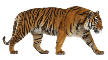 Obraz premium Profile of tiger in stalking posture, muscles tense isolated on a Transparent background, PNG file.
