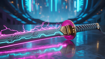 Cyberpunk katana with neon lights and lightning effects in a futuristic scene