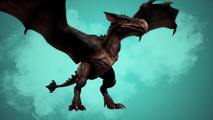 Dramatic Brown Manticore Landing and Returning to Ground Detailed Animation Against a Vibrant Blue Background Eye Level Close Up Perspective Ideal for Creative and Fantasy Projects - Powered by Adobe