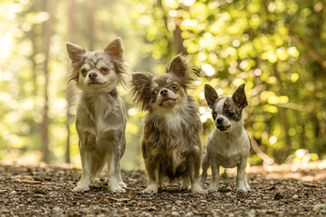 Three Chihuahuas standing together on a forest path during a sunny day