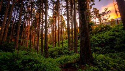 Sunlight filtering through tall trees in a lush green forest.