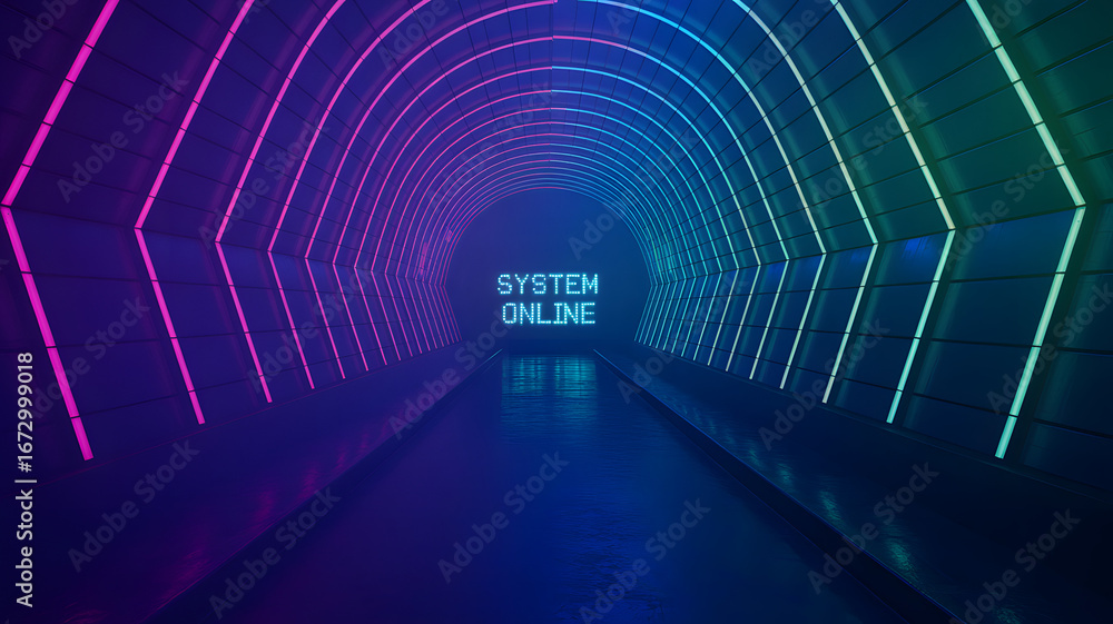 Poster system online: an immersive visual representation of a digital tunnel illuminated with neon lights, 