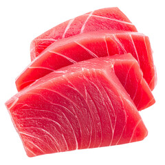Fresh Tuna Cuts Isolated On White Background: A vibrant display of fresh, raw tuna slices, showcasing the rich, ruby-red color and delicate marbling, perfect for culinary creations. 