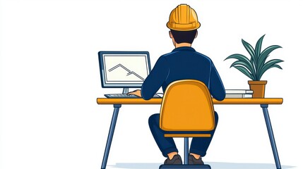 Pixel Art Illustration of Engineer at Desk Working on Computer