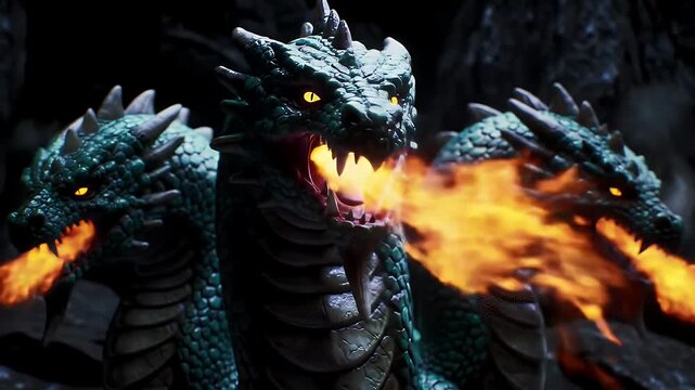 Dramatic Low Angle Animation of a Three Headed Hydra Breathing Fire with Green and Blue Scales and Glowing Yellow Eyes in a Dark Rocky Cave in a Seamless Loop