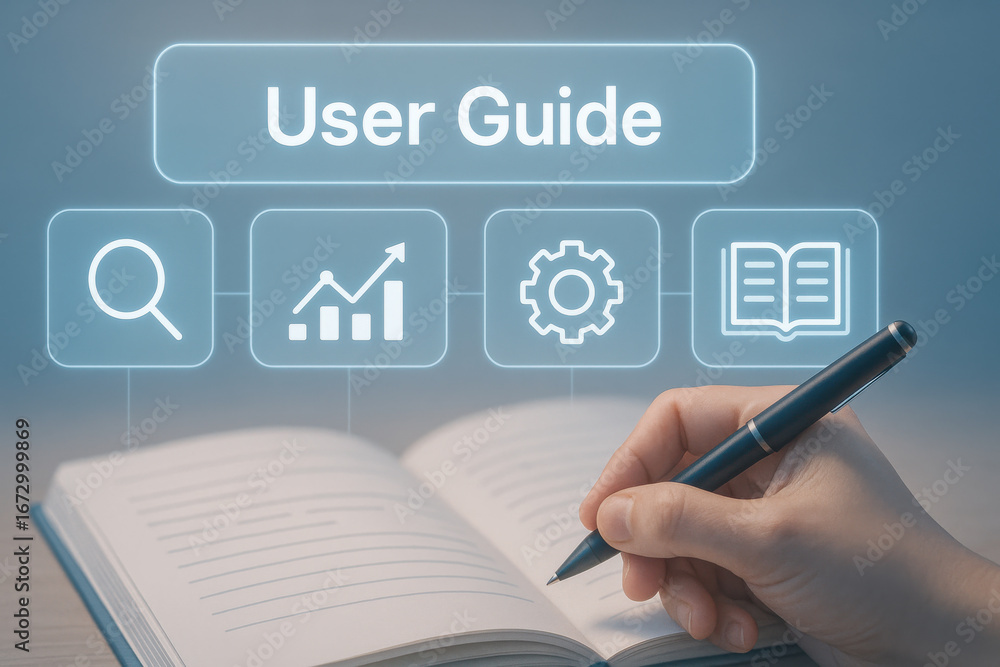 Poster user guide concept with hand writing notebook and digital icons for search, chart, and settings