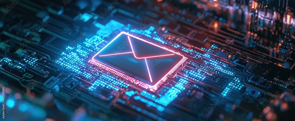 Fototapete creative square circuit button hologram with email icon on dark background. technology and e-mail ne