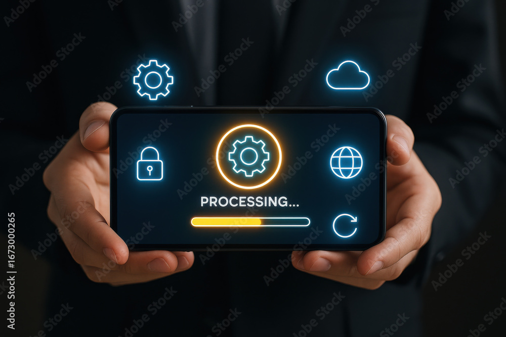 Poster processing progress on smartphone with digital icons and security concept